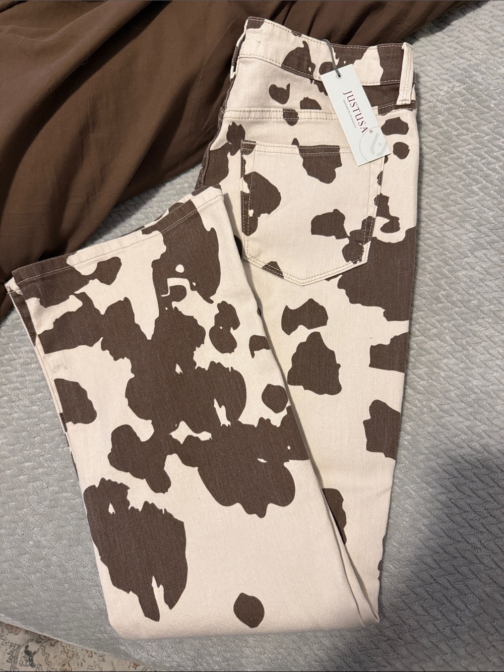 Just USA Cream and Brown Cowprint Wide Leg Jeans